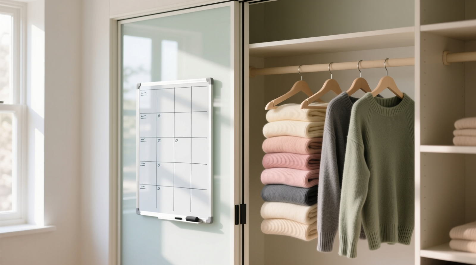 A minimalist closet interior showing a sleek, frameless tempered glass whiteboard mounted on the interior of a bi-fold door, with a grid layout drawn in soft gray markers, adjacent to matching beige hangers and folded knitwear stacked by hue