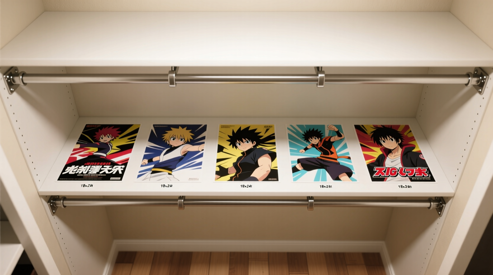 Overhead view of a standard reach-in closet showing two steel shelf brackets mounted on a horizontal closet rod, supporting a white hardboard panel with five anime posters lying flat and aligned edge-to-edge, no curling visible at corners or borders