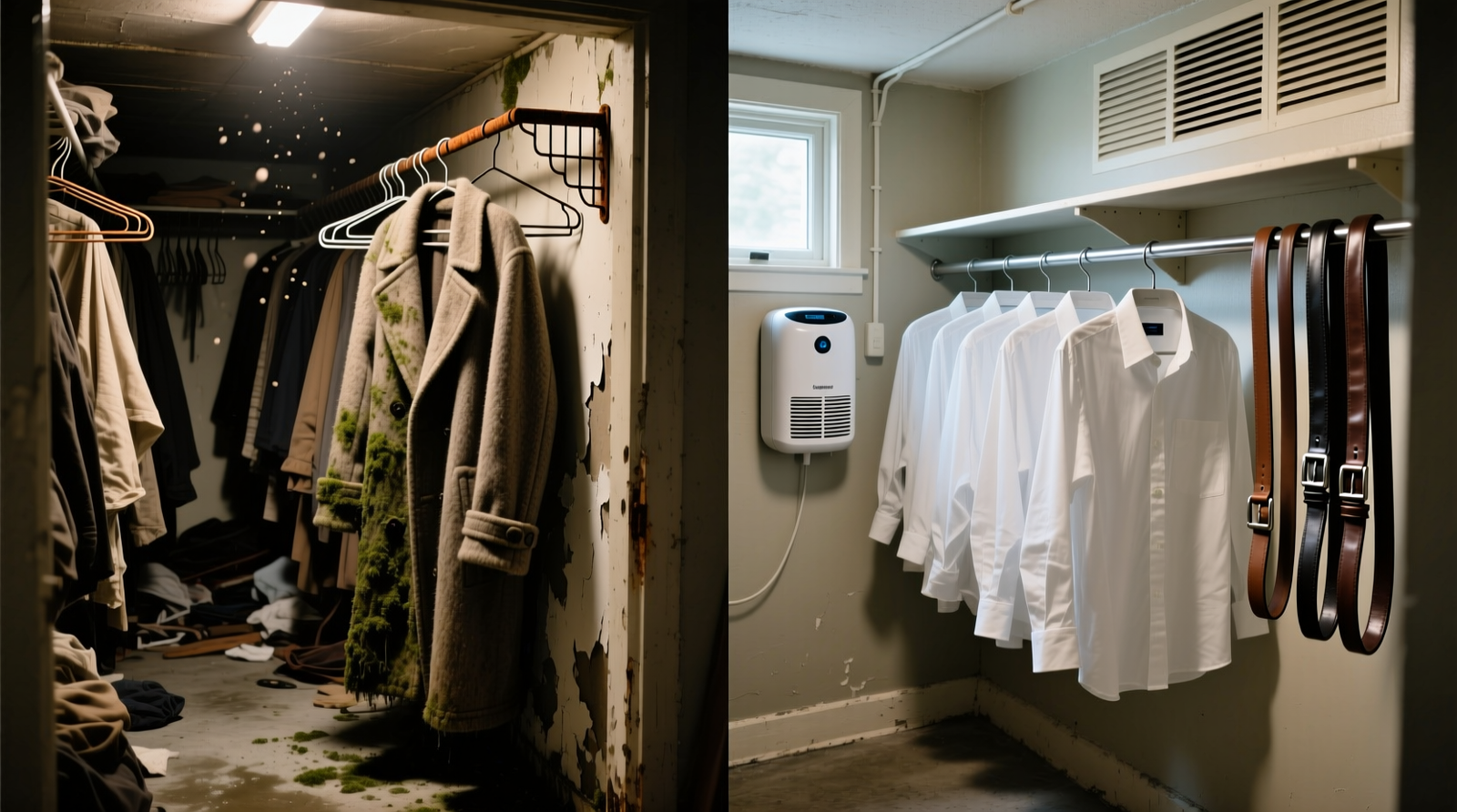 Side-by-side comparison: left shows mold-stained wool coat and rusted hangers in an uncontrolled basement closet; right shows crisp cotton shirts, supple leather belts, and stainless steel hangers in same-space closet equipped with compact dehumidifier and louvered ventilation panel