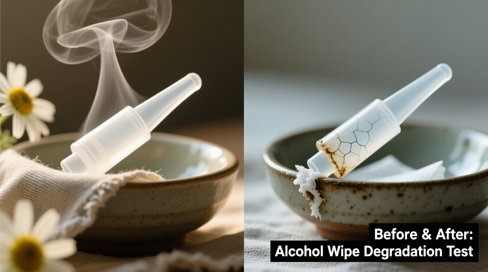 Side-by-side visual: left shows pristine translucent silicone tip under soft chamomile steam rising from linen-draped bowl; right shows same tip after 10 alcohol wipes—dulled, slightly fissured, with visible white residue at base