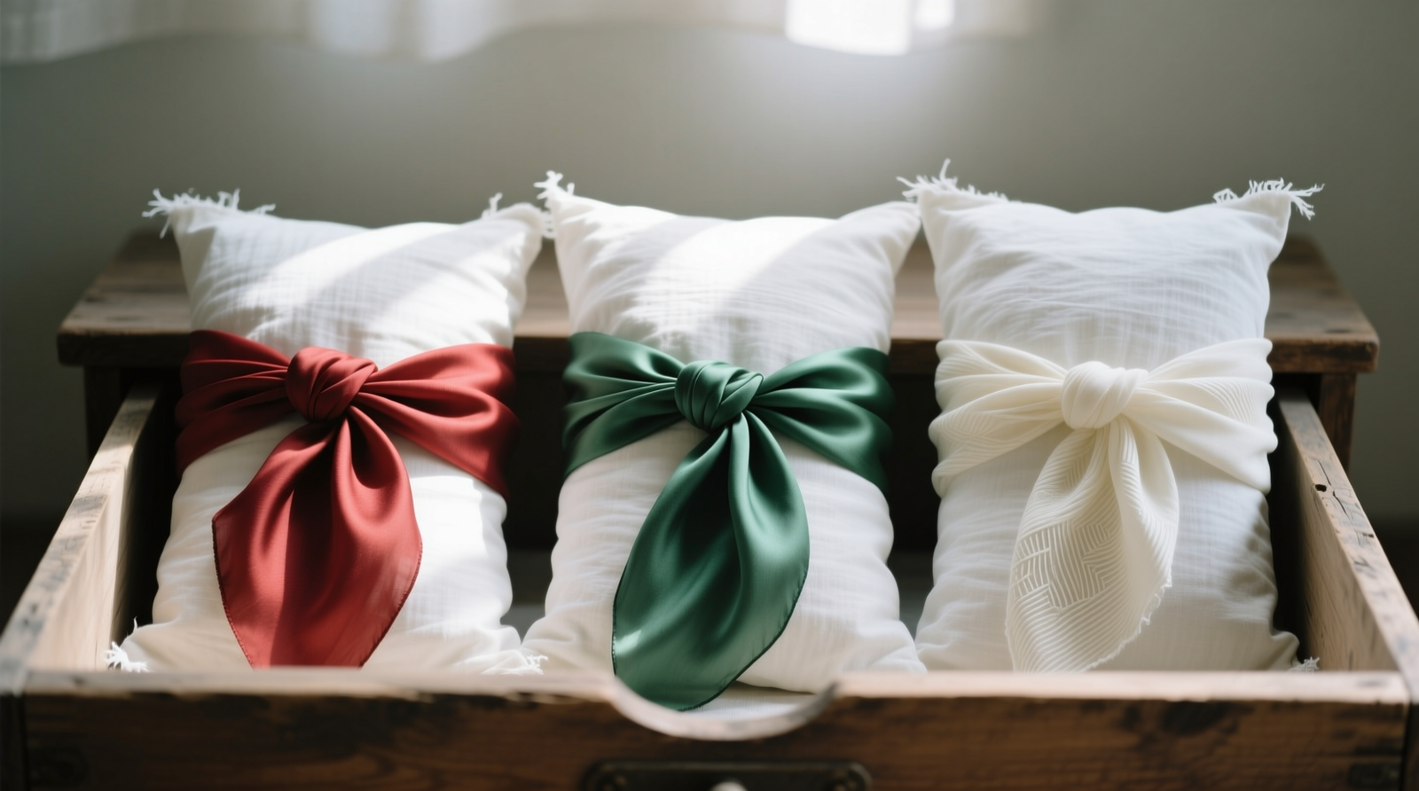 Three silk scarves individually folded into separate white cotton pillowcases, standing upright side-by-side in a shallow wooden drawer with diffused natural light filtering in from above