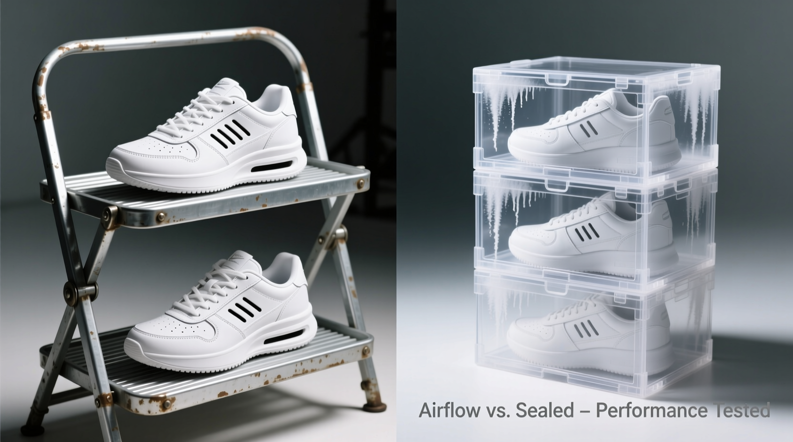 Side-by-side comparison: left shows white sneakers on a tiered foldable metal rack with visible airflow gaps between shoes; right shows identical sneakers sealed inside transparent stackable boxes with condensation faintly visible on interior walls