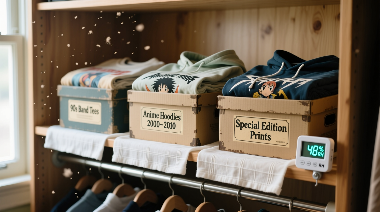 Three archival boxes labeled '90s Band Tees', 'Anime Hoodies 2000–2010', and 'Special Edition Prints', each containing flat-folded garments separated by white cotton muslin sheets, arranged on a climate-controlled closet shelf with hygrometer visible