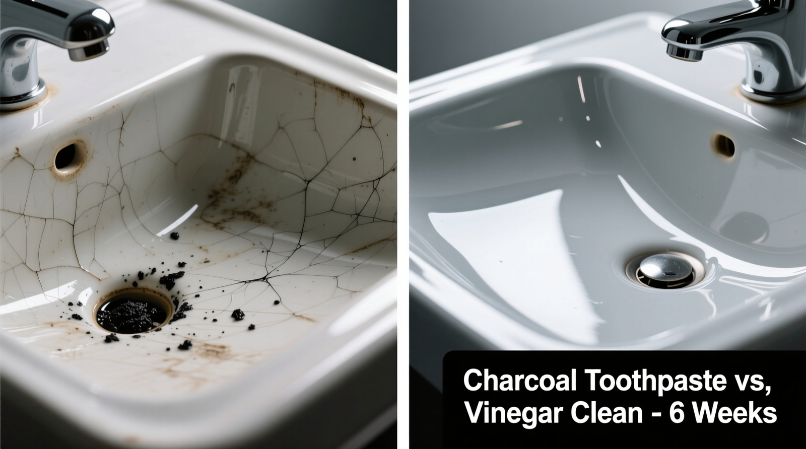 Side-by-side macro photos: left shows a ceramic sink surface with visible micro-scratches after weekly charcoal toothpaste use for six weeks; right shows identical sink cleaned weekly with vinegar solution—smooth, reflective, and uniformly glossy