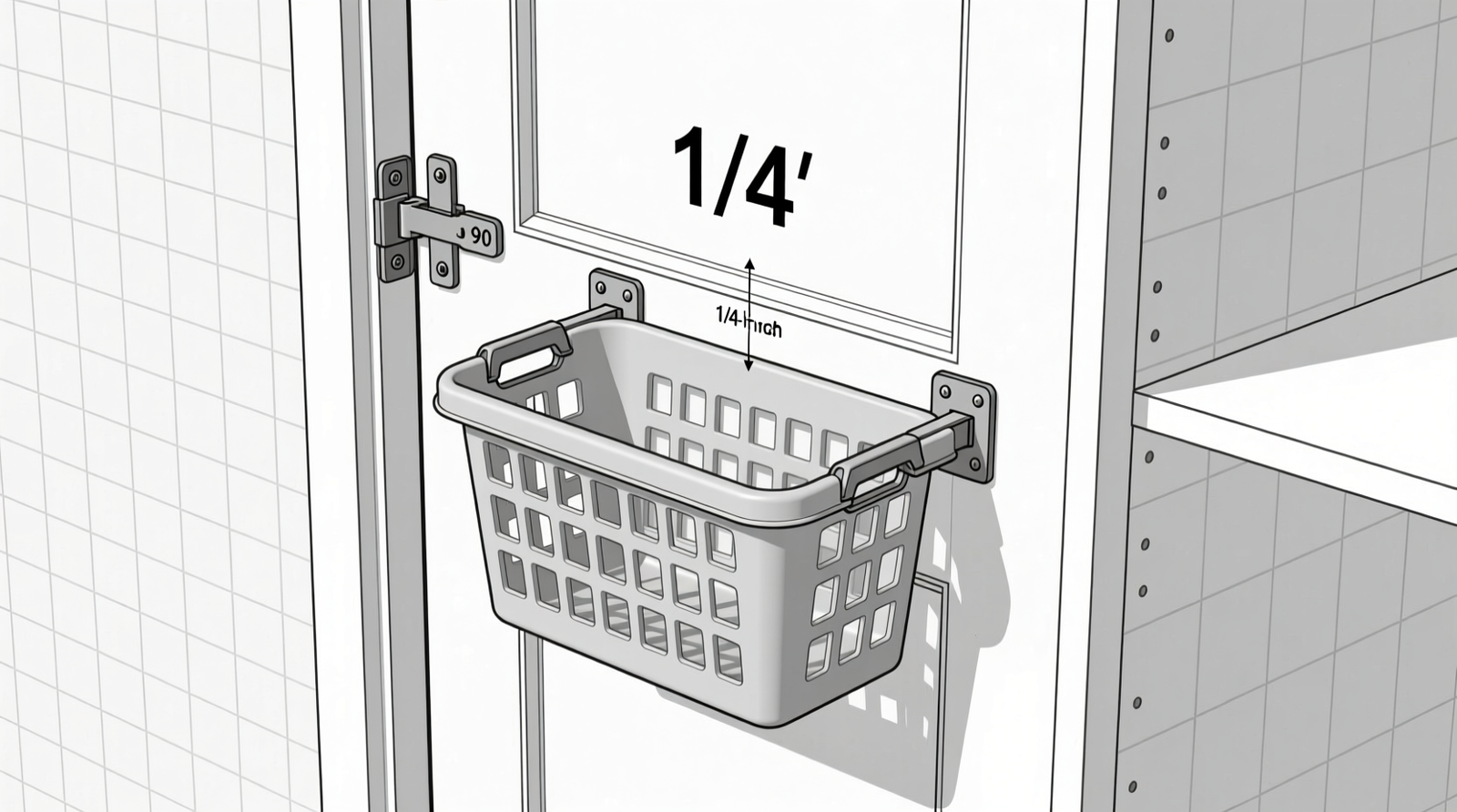 Side-view diagram showing a standard hinged closet door with a rigid laundry basket mounted flush to its interior face using two low-profile adhesive L-brackets, clear 1/4-inch gap visible between basket edge and hinge cup