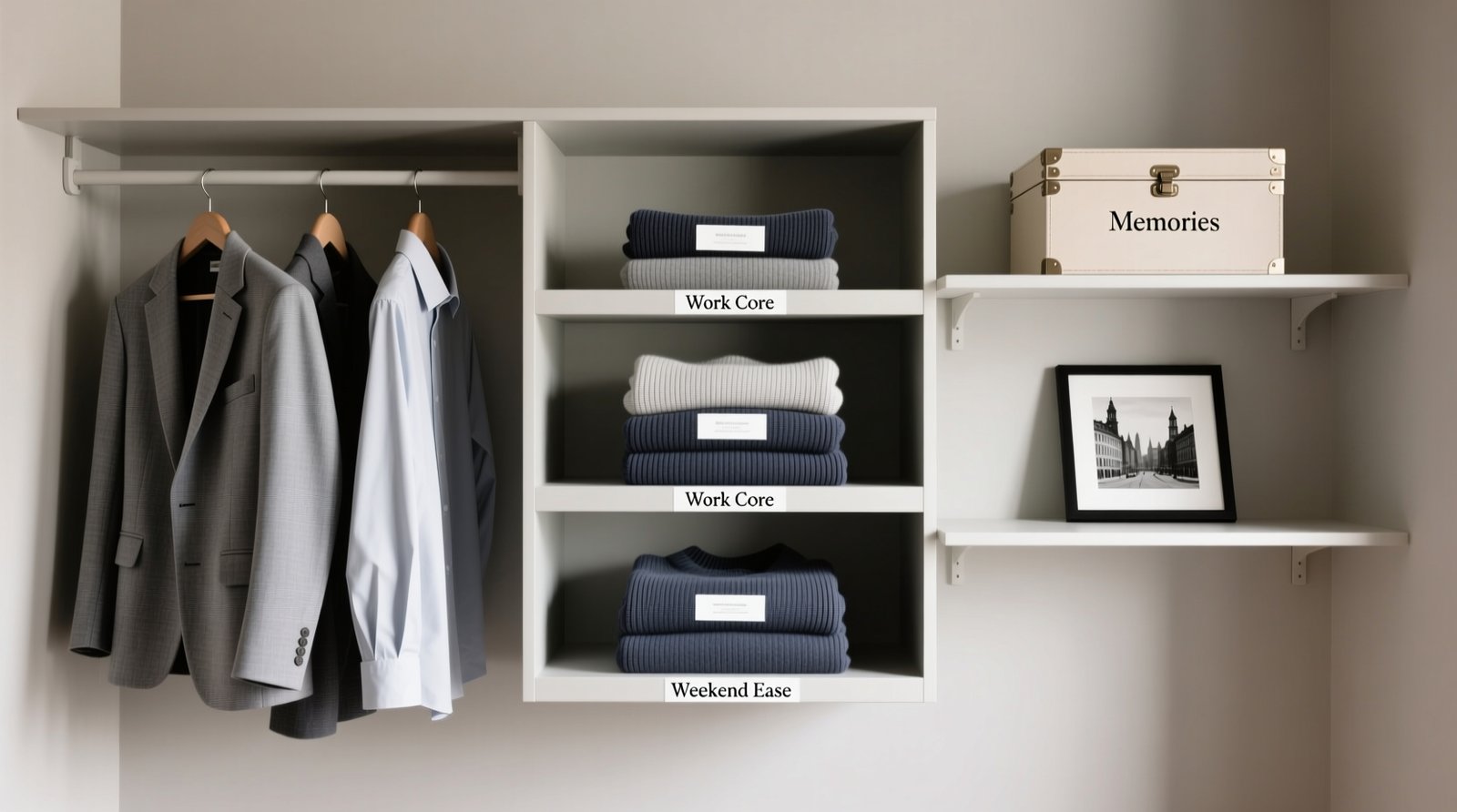 A minimalist closet with three clearly defined zones: left side features neatly hung blazers and shirts in grayscale gradient; center holds folded sweaters in vertical stacks with visible labels ('Work Core', 'Weekend Ease'); right side shows a closed, labeled archival box on an upper shelf beside a small framed photo—symbolizing intentional separation of functional and sentimental items.