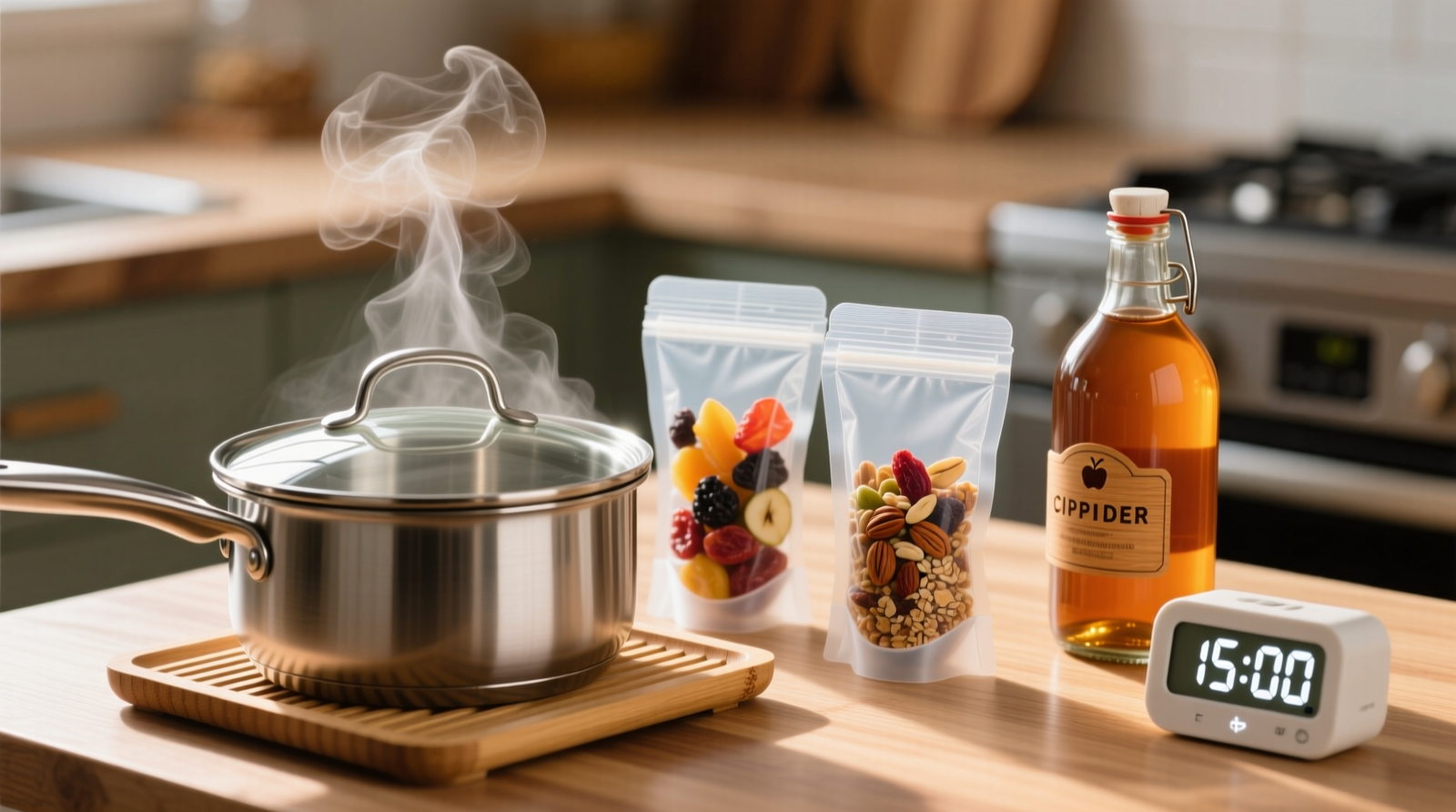 A stainless steel pot with gentle steam rising through a glass lid, holding three upright reusable silicone snack pouches on a bamboo trivet; apple cider vinegar bottle and timer visible beside stove