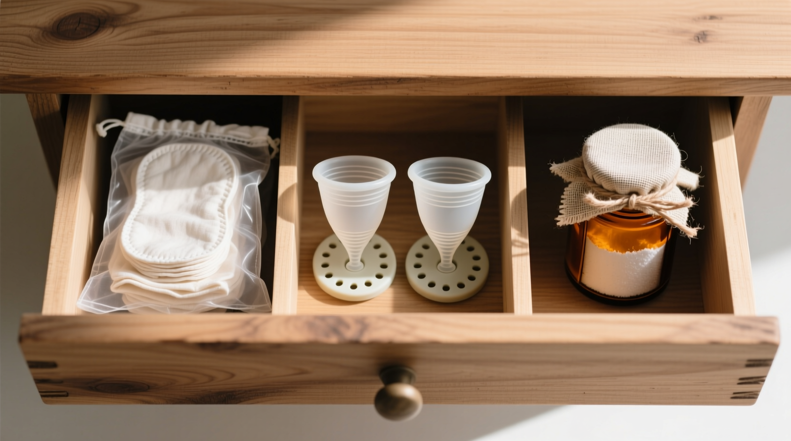 A well-organized closet interior showing labeled cotton bags on a high shelf, a ventilated drawer with open wet bags hanging on small hooks, and a sealed opaque bin with silica gel visible on the bottom shelf