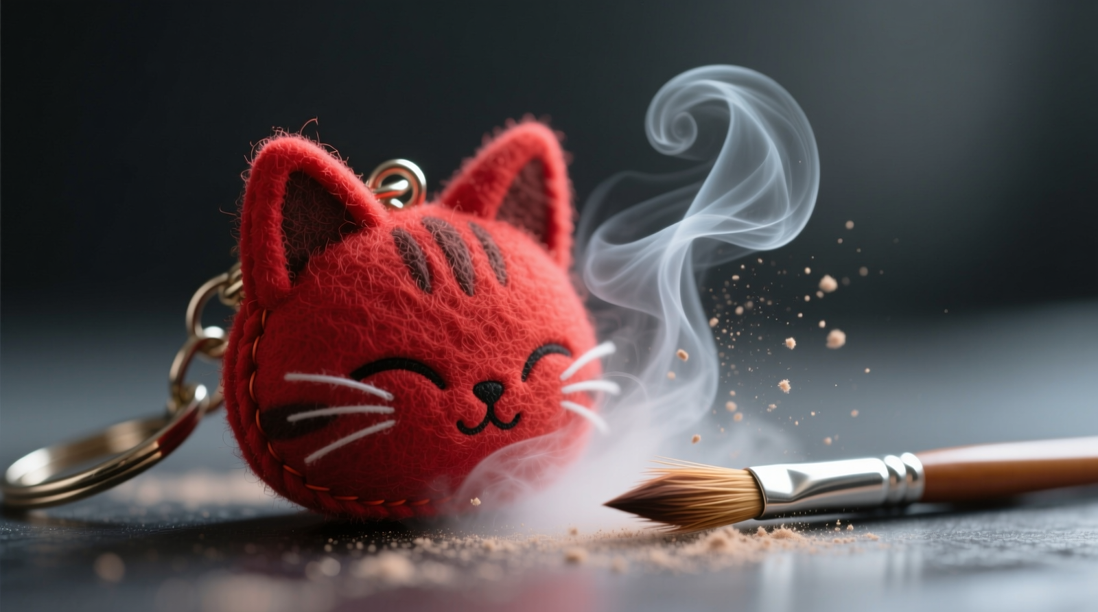 Close-up photo showing dry ice vapor gently dispersing dust from a vibrant red felt anime keychain shaped like a cat ear, with a fine-tipped natural-hair brush held parallel to the surface, no condensation visible on fibers