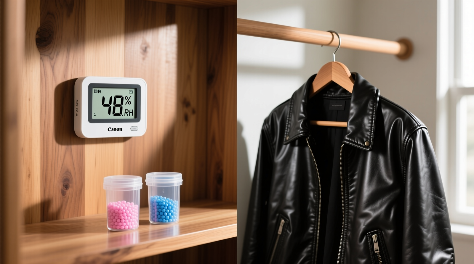 Side-by-side comparison: a calibrated digital hygrometer mounted inside a cedar-lined closet next to a leather jacket on a padded hanger, with two reusable silica gel canisters placed on the shelf below