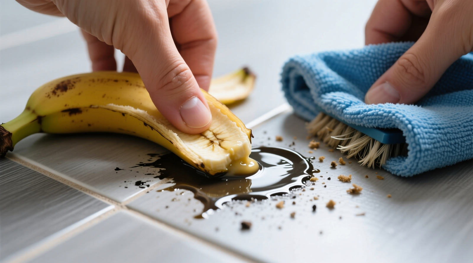 Close-up photo showing hand rubbing banana peel pulp onto a dark scuff mark on light-gray luxury vinyl tile, followed by vigorous buffing with a folded blue microfiber cloth—scuff visibly fading in real time