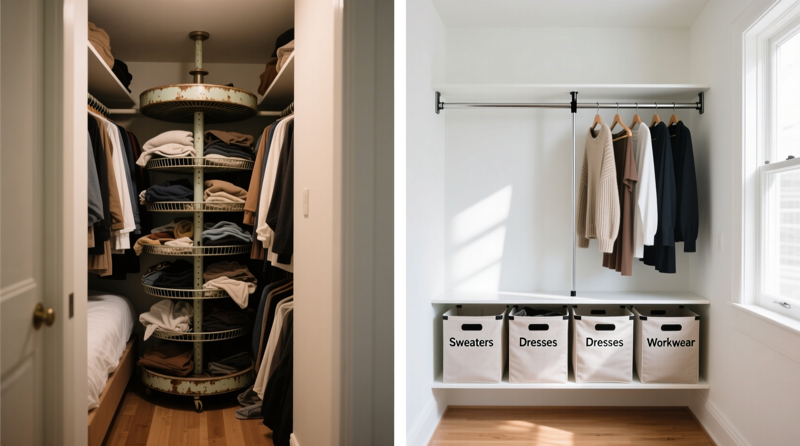 Side-by-side comparison showing a compact 6-foot closet with dual-tier hanging rods, slide-out fabric bins, and labeled shelf dividers—versus a cramped carousel occupying center floor space with garments partially obscured behind rotating arms