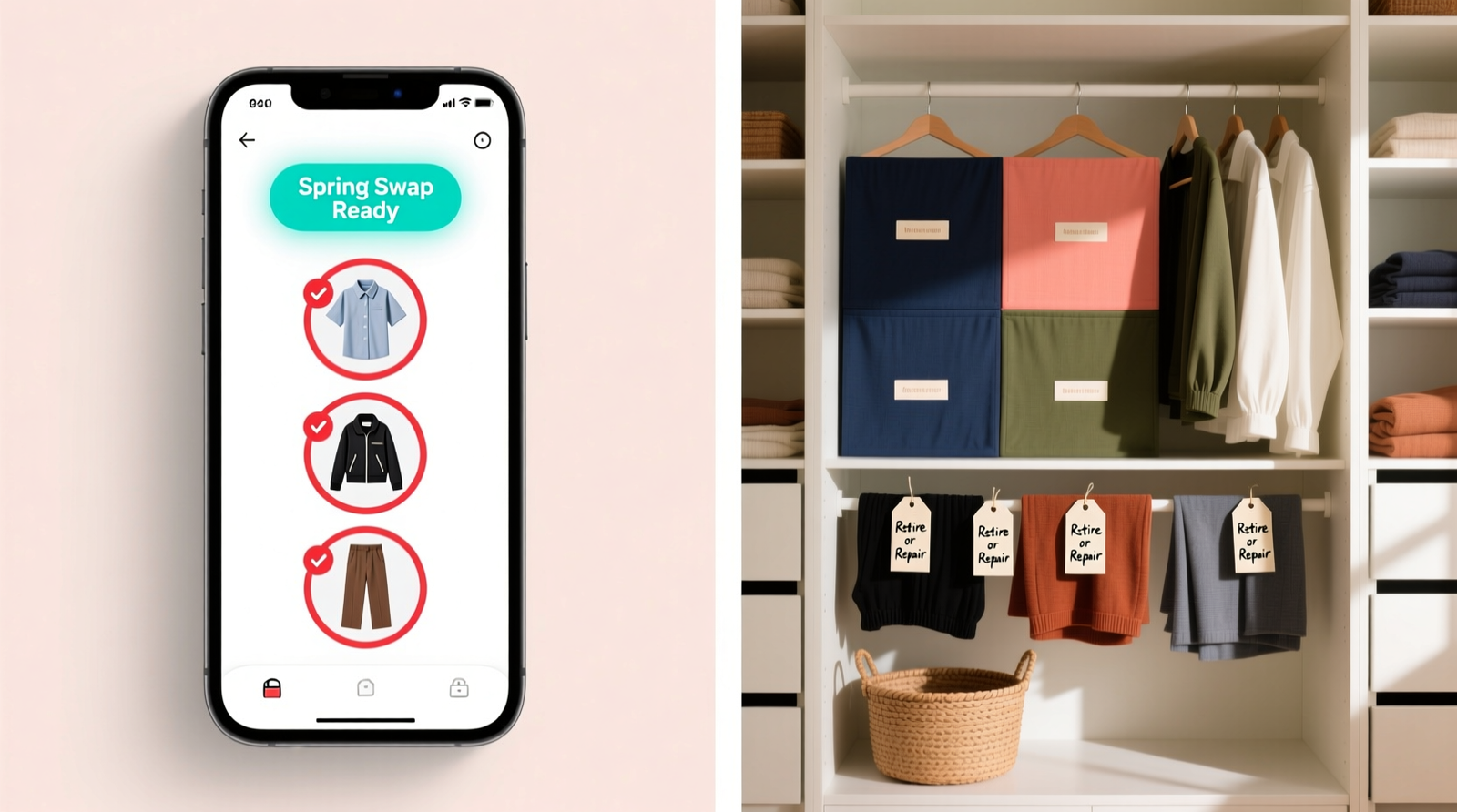 Side-by-side visual: left shows a smartphone screen displaying a minimalist digital closet app interface with 'Spring Swap Ready' badge and 3 flagged items; right shows a physical closet with labeled, color-blocked hanging sections and a small basket holding 5 garments tagged 'Retire or Repair'