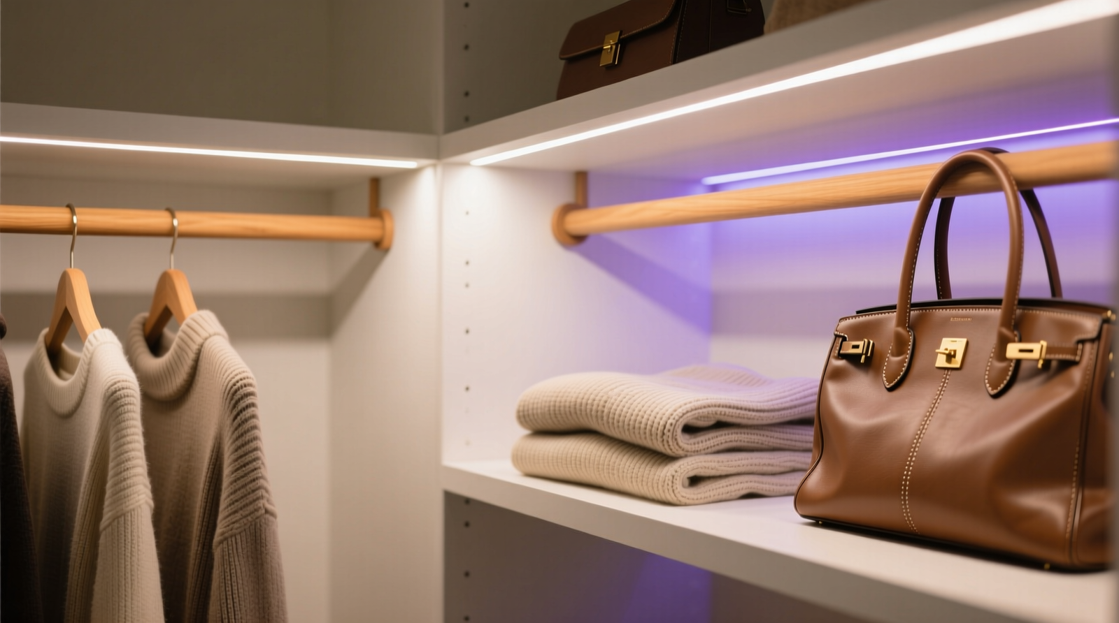 Close-up photo showing a matte-white closet interior with discreet 12V RGB LED strips mounted beneath wooden hanging rods and behind floating shelves—light casts gentle, focused pools on folded knitwear and leather handbags, zero spill onto walls or floor
