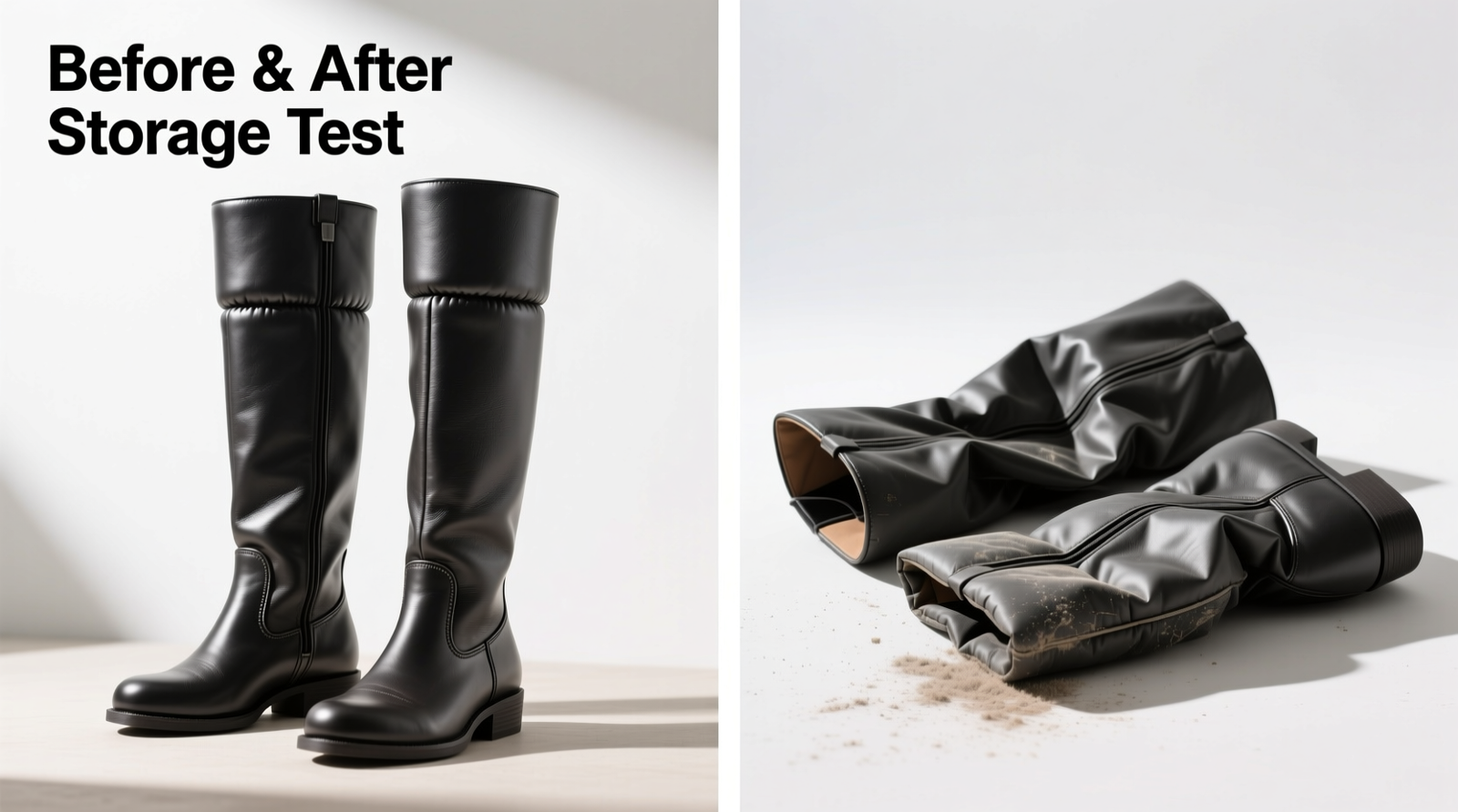 Side-by-side comparison: left shows a boot with newspaper tightly rolled and centered inside its shaft, right shows same boot upright in a woven laundry basket with a wooden cutting board resting evenly across its open top