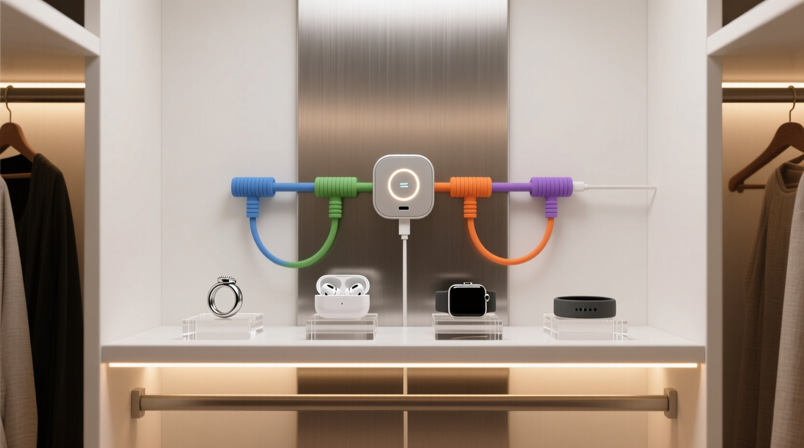 A minimalist walk-in closet interior showing a brushed-metal USB charging module mounted discreetly on a vertical panel, with four color-coded silicone cable wraps leading to individual acrylic cradles holding a smart ring, earbuds, smartwatch, and fitness band—all arranged on an open shelf with soft LED accent lighting.