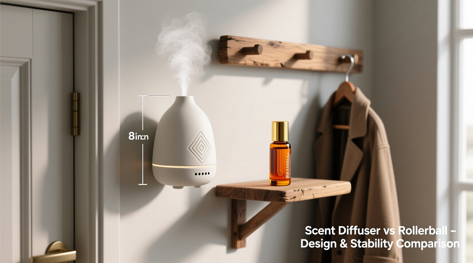 Side-by-side comparison: a wall-mounted ceramic scent diffuser mounted 8 inches above a closet door frame versus an essential oil rollerball precariously balanced on a wooden shelf directly beneath a hanging cedar-lined coat rack