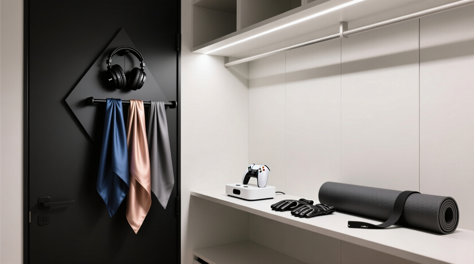 A minimalist walk-in closet interior showing a matte-black gaming headset stand mounted vertically on the left door panel, holding three silk scarves draped over its arms; beside it, a white dual-controller dock sits on a narrow shelf, holding two pairs of leather gloves and a rolled yoga mat strap.
