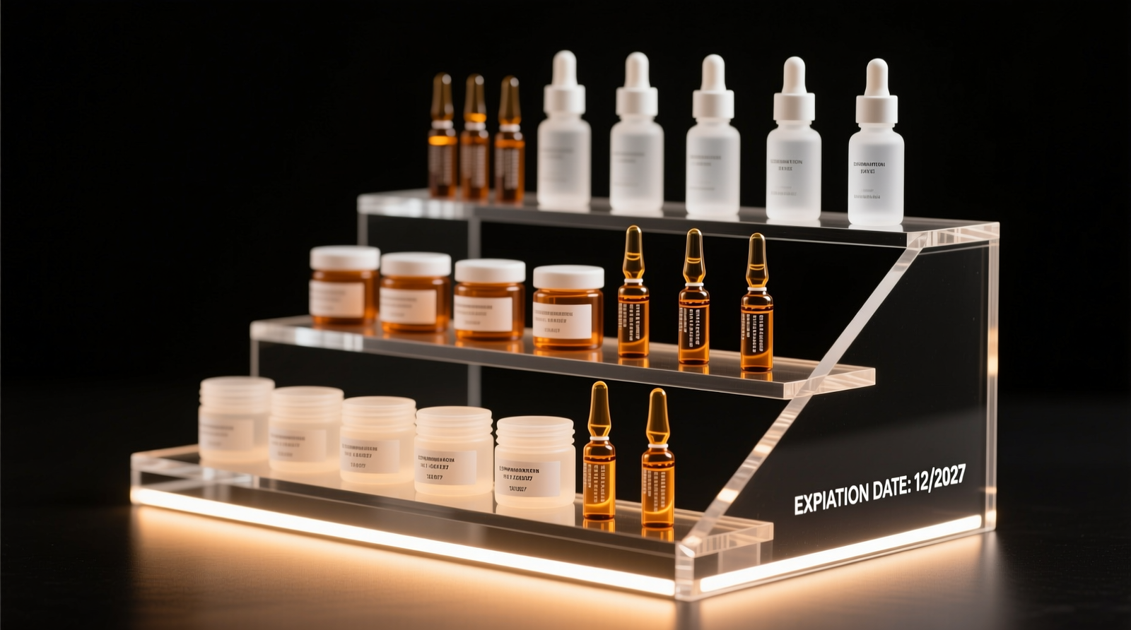 Three-tier angled acrylic riser system holding amber glass serum ampoules and frosted dropper bottles, labels fully visible, spaced evenly, with soft LED under-shelf lighting highlighting expiration dates
