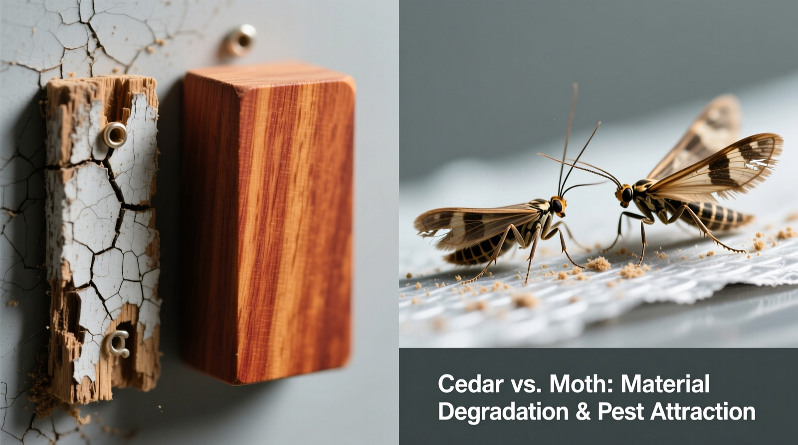 Side-by-side comparison: left shows faded, cracked scented cedar insert next to a fresh, sanded eastern red cedar block; right displays a pheromone trap with two captured male clothes moths under magnification