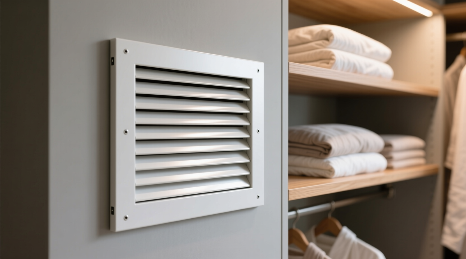 Close-up photo of a white-painted, low-profile aluminum louvered vent cover installed flush within a built-in closet wall, with 1.25-inch clearance visible above and beside it; adjacent shelves hold folded linens, visually confirming functional airflow space