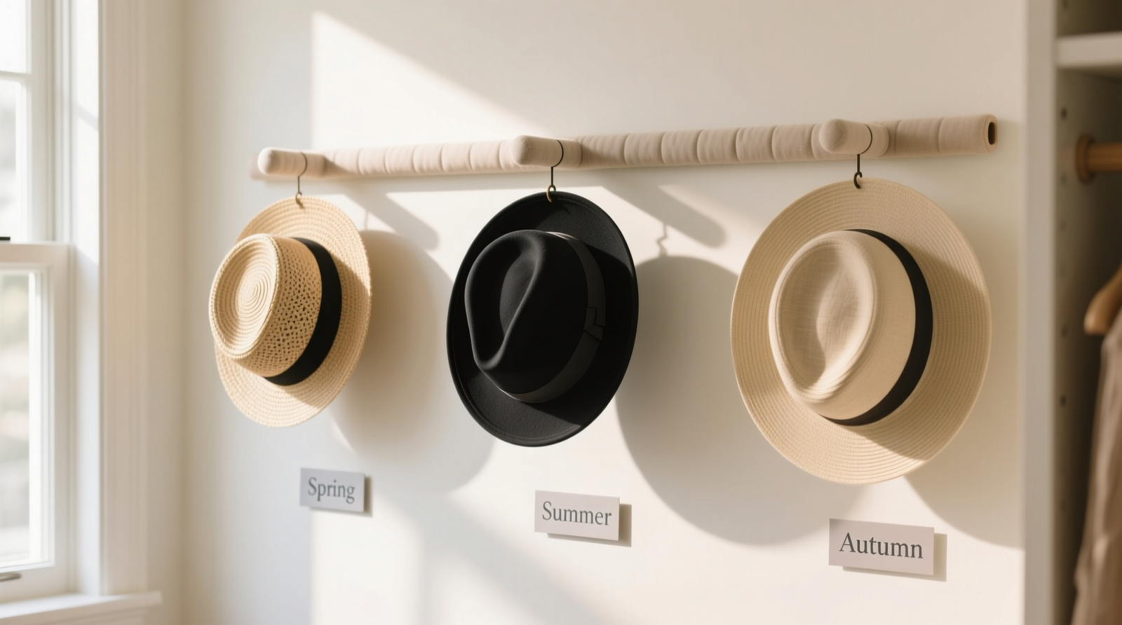 A clean, light-filled closet wall showing three vertically mounted padded hat racks holding a fedora, a Panama hat, and a wide-brimmed sun hat—all brims fully supported, none touching each other or the wall, with labeled seasonal tags visible at base