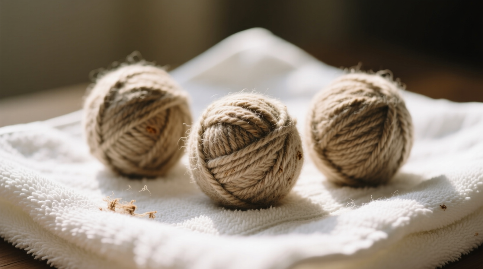 Close-up photo of three well-used wool dryer balls resting on a clean white linen towel, showing subtle natural nap but no visible lint clumps or residue