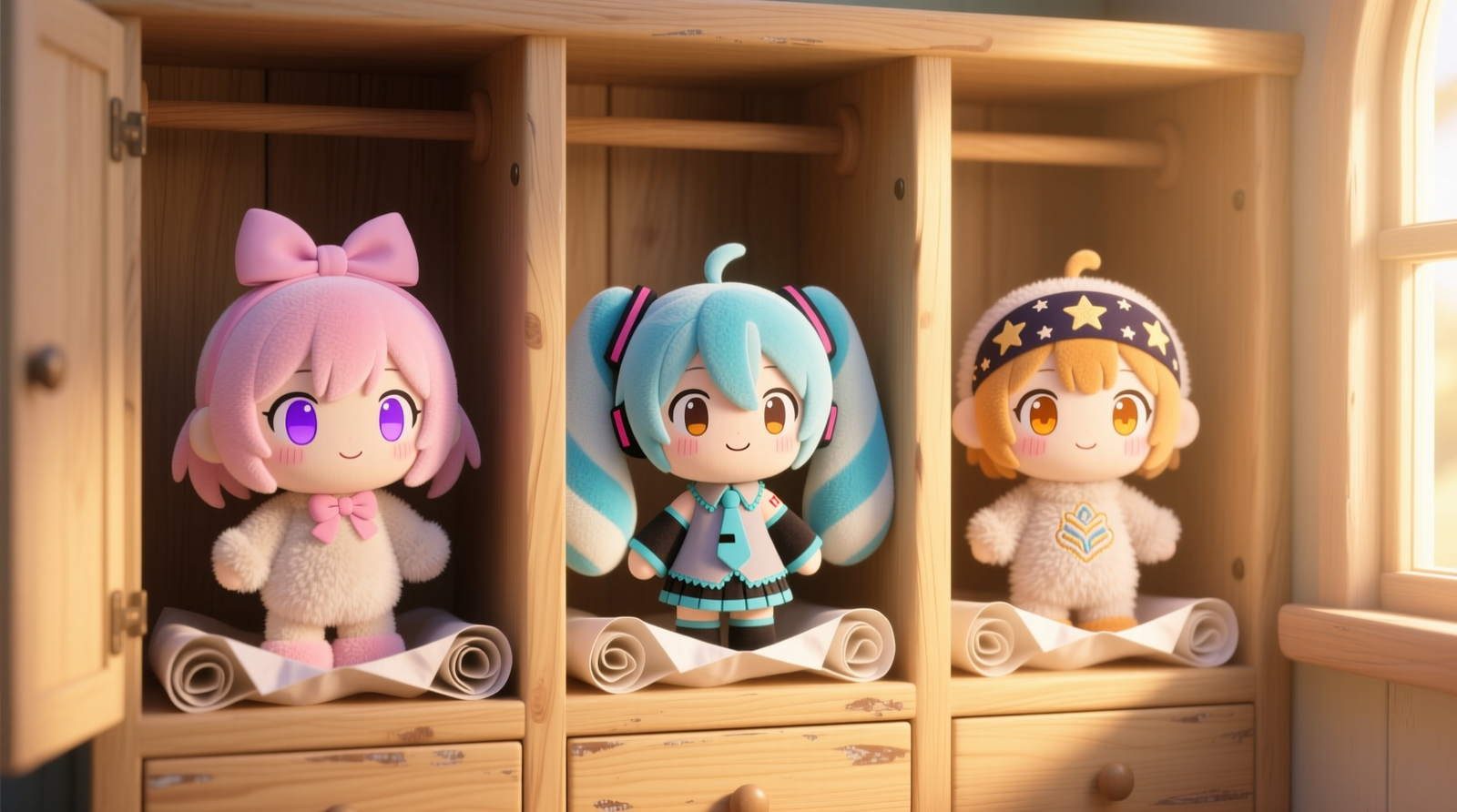 Three anime plushies standing upright in adjacent wooden closet cubbies, each separated by a soft linen divider and lightly supported by rolled acid-free tissue at the base—no contact between plush bodies or cubby walls