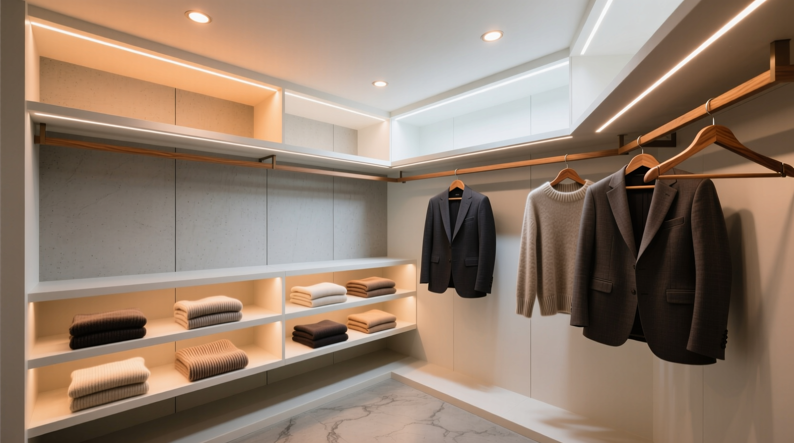 A minimalist walk-in closet with recessed smart LED downlights illuminating tailored blazers on wooden hangers; soft amber glow on lower shelves holding folded knits, while upper zone transitions to pale daylight tone—no glare, no shadows, no visible wiring.