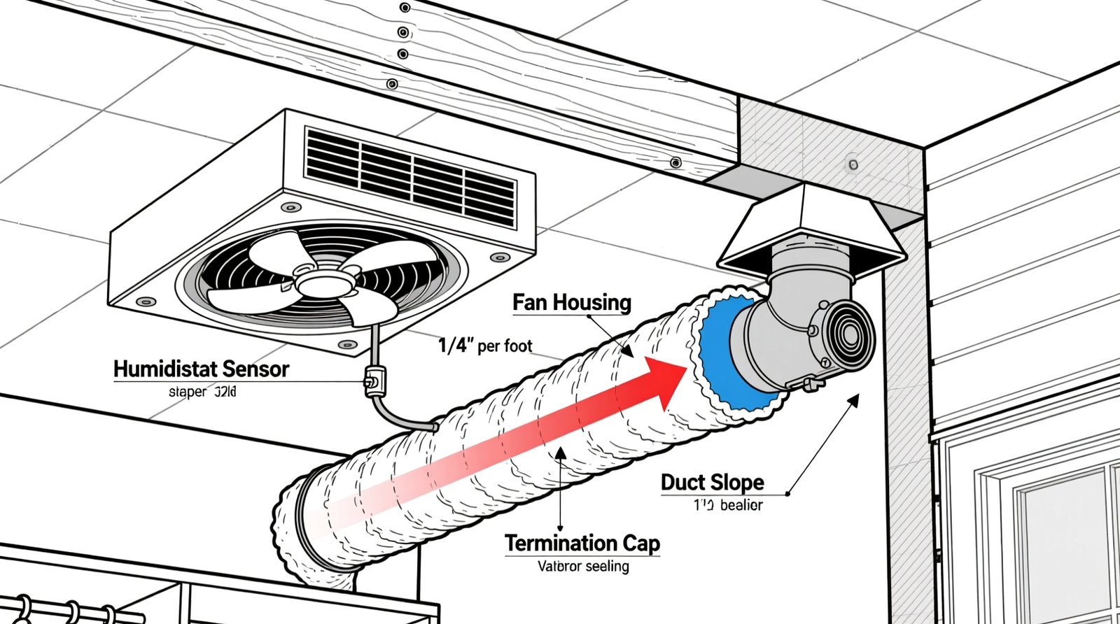 Cross-section diagram showing a ceiling-mounted closet fan exhausting humid air through insulated rigid duct to an exterior wall vent, with labeled components: humidistat sensor, fan housing, duct slope, and termination cap