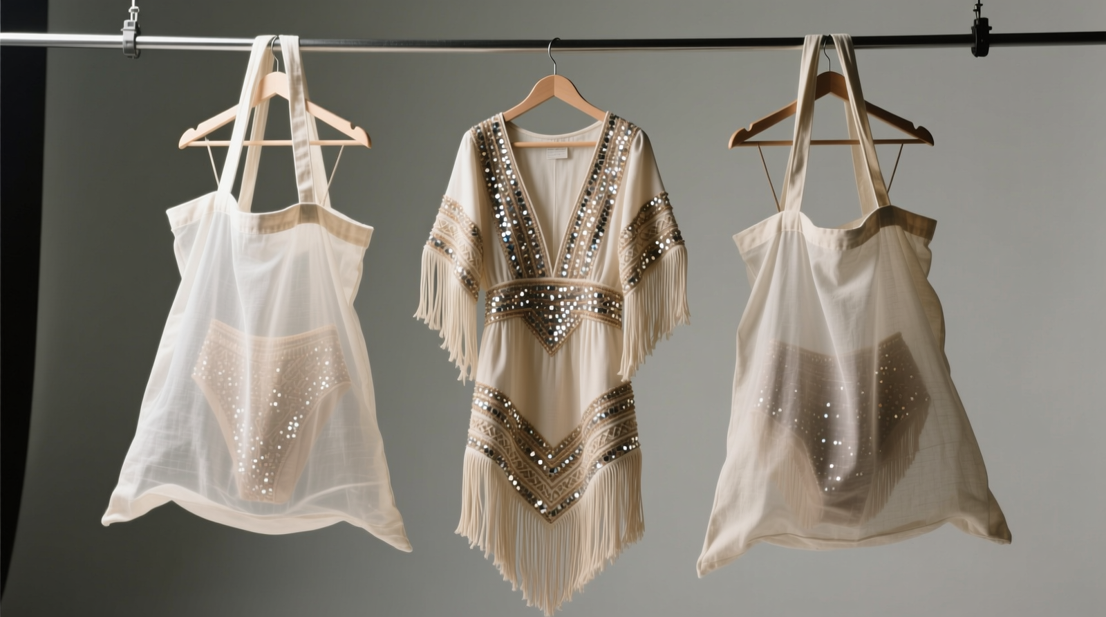 Three festival outfits hung vertically on wide, padded cotton-covered hangers inside translucent unbleached cotton garment bags; fringe sways freely, sequins catch soft ambient light without glare, ample space between each garment