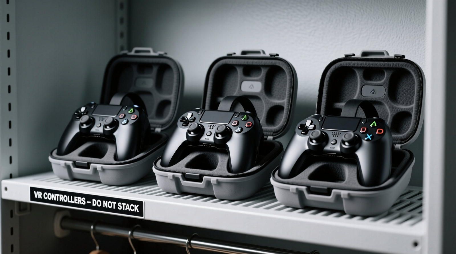Close-up of a minimalist white closet interior showing a sleek black acrylic VR dock mounted vertically on the left side panel, holding two motion controllers with visible tracking rings aligned; a navy mesh pouch with silver clip hangs beneath, containing spare rings and a microfiber cloth