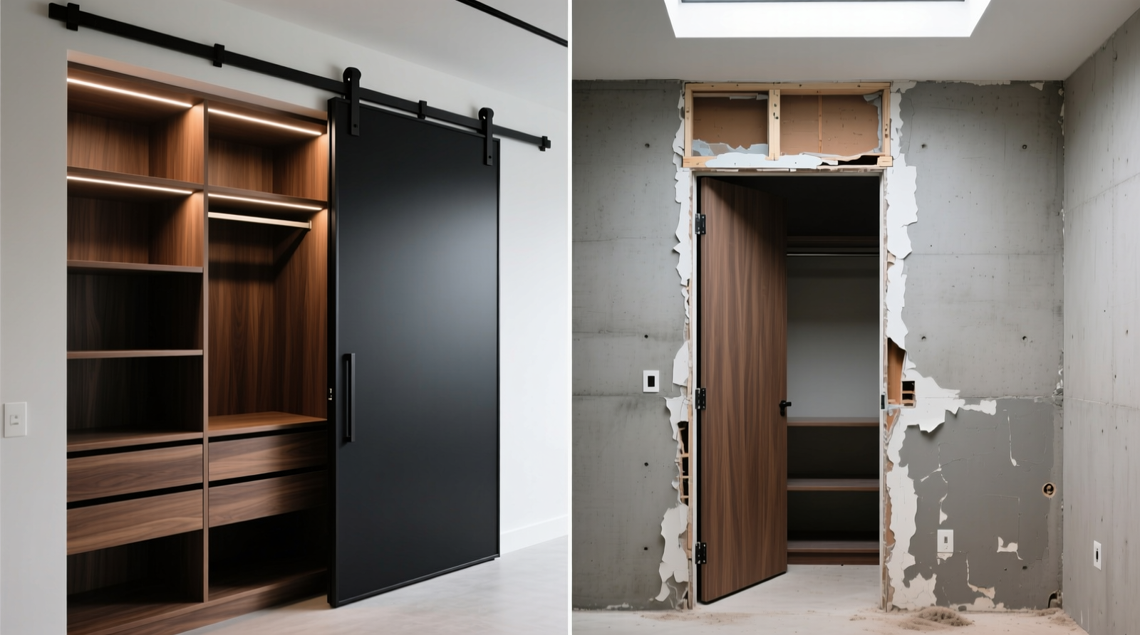 Side-by-side comparison showing a studio closet with a matte-black sliding barn door fully retracted left, revealing deep, minimalist shelving; adjacent image shows a pocket door partially jammed in drywall, with visible gap at header and warped trim.