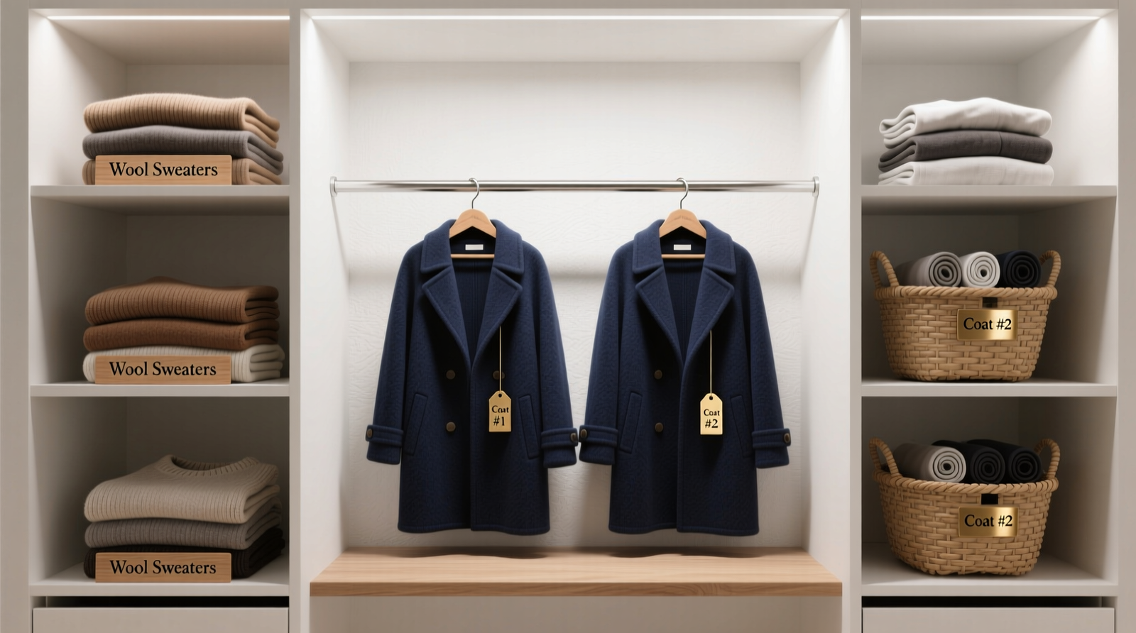 A minimalist shared closet showing two clearly defined vertical zones: lower section with neatly folded navy and gray knits in uniform upright stacks; upper section with black hangers holding monochrome dresses and jackets; all hangers are identical matte black, shelves are uncluttered, and labels read 'A' and 'B' in small sans-serif font