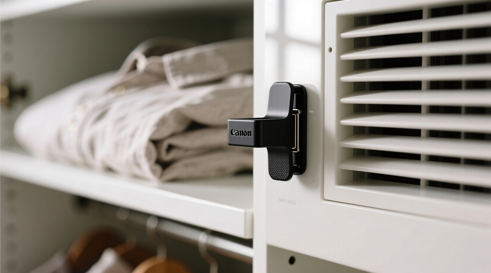 Close-up photo of a matte-black aromatherapy vent clip mounted on a white interior closet HVAC vent, with a folded linen shirt visible in soft focus behind it—demonstrating safe distance and passive airflow integration