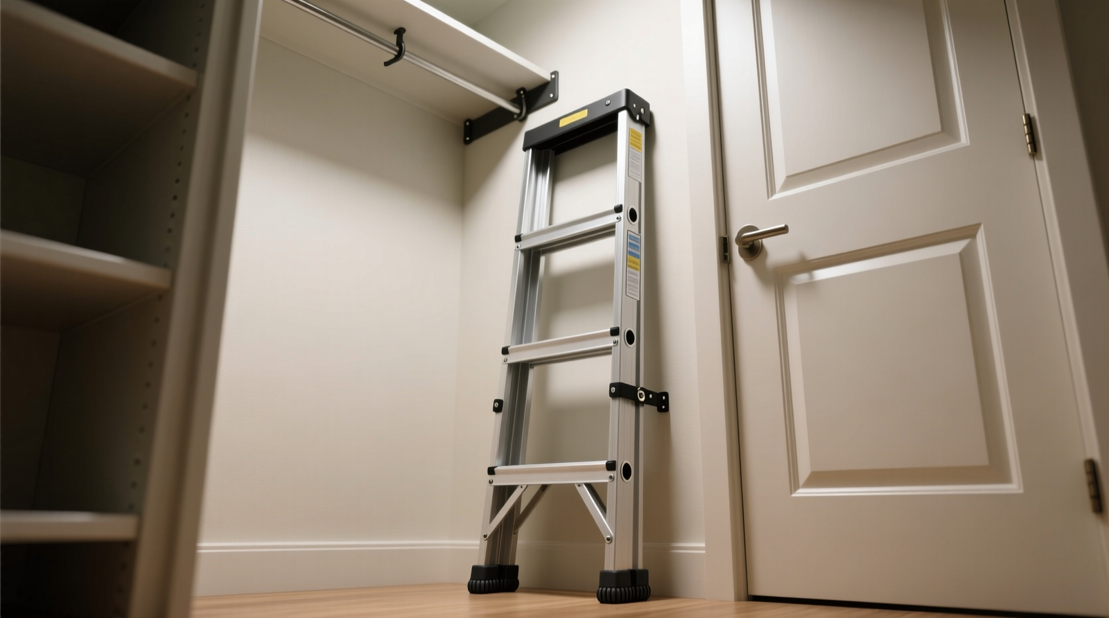 A compact 3-step collapsible ladder folded vertically beside a standard reach-in closet, showing clear clearance from door swing and floor-to-ceiling fit