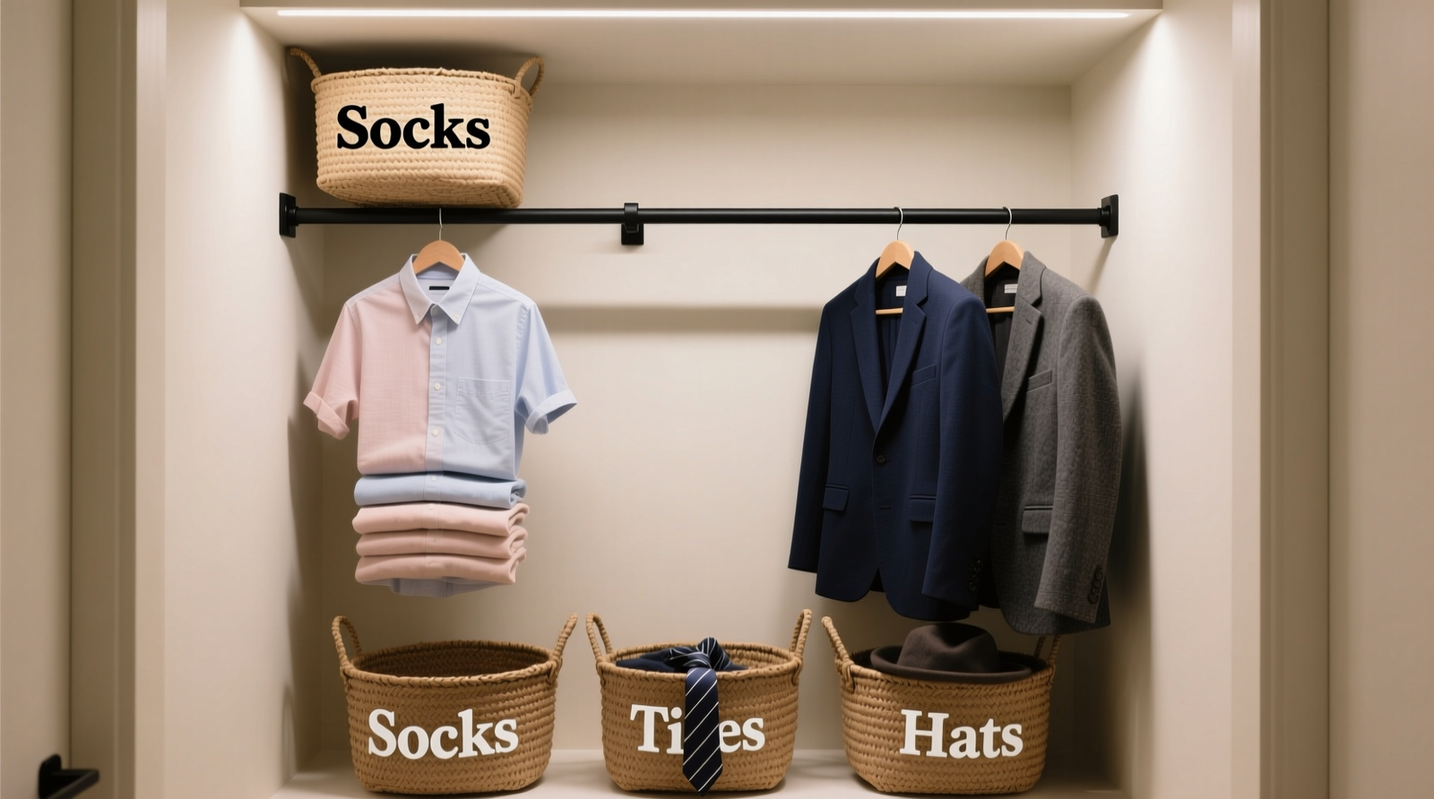 A narrow linen closet with two matte-black vertical tension rods installed parallel to the back wall; front rod holds lightweight cotton shirts, rear rod holds structured blazers, and the space between holds woven baskets labeled 'Socks,' 'Ties,' and 'Hats'