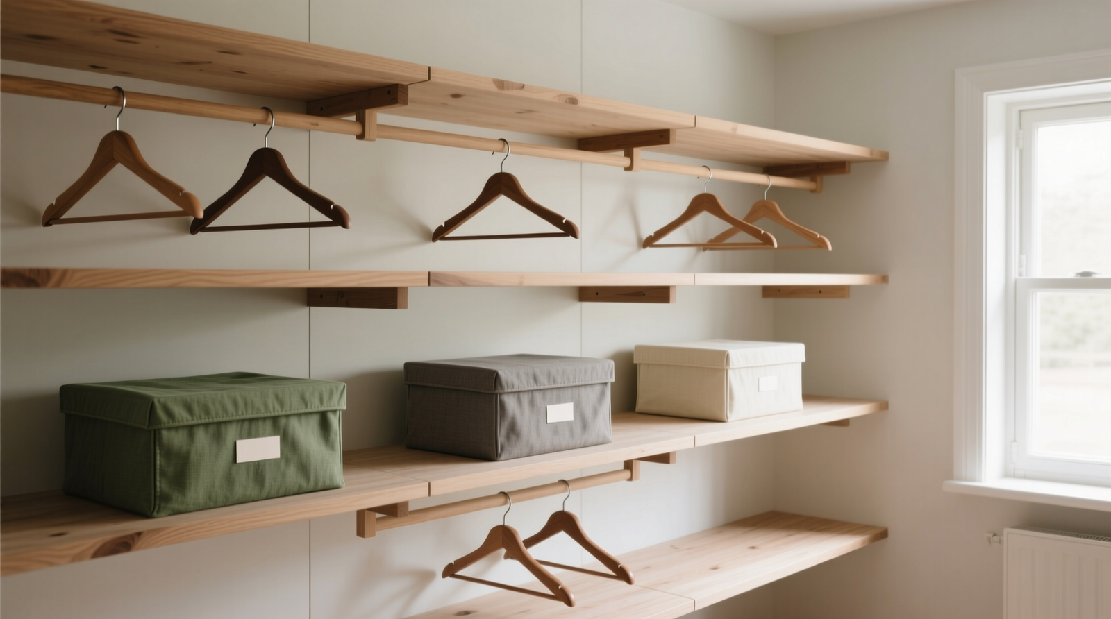 A minimalist closet with matte wooden hangers, soft linen-covered storage boxes in muted tones, and no visible labels—shelves spaced generously with clear air gaps between zones