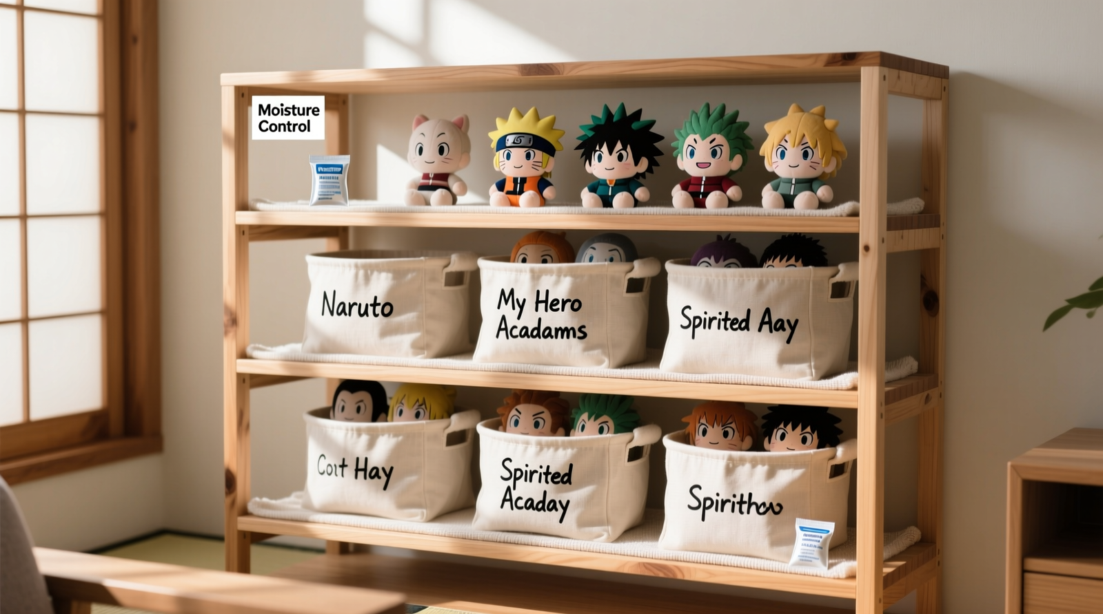Three-tier open pine shelving unit with labeled cotton muslin bins holding anime plushies upright; each bin has visible foam backing, silica gel packet, and microfiber shelf liner