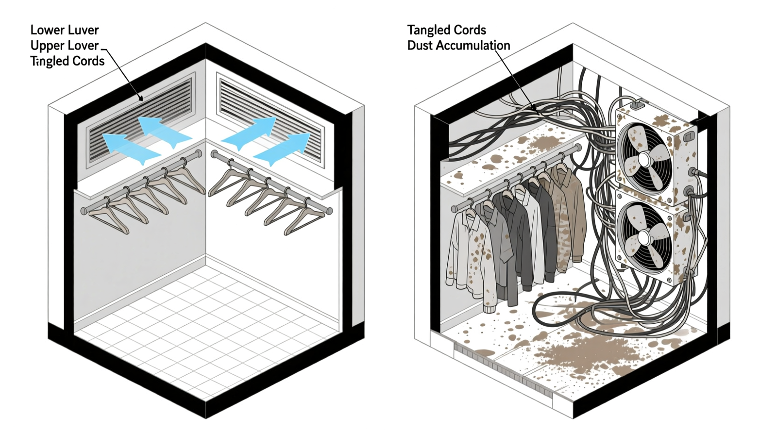 Side-by-side closet cross-sections: left shows passive airflow with labeled lower/upper louvers and spaced hangers; right shows chaotic fan installation with tangled cords, dust-coated blades, and overcrowded hanging rod