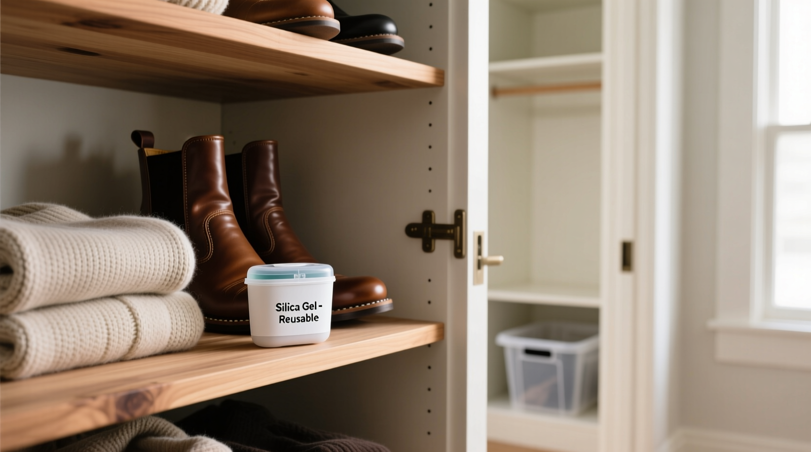 A compact, labeled silica-gel dehumidifier pod placed on a cedar shelf beside wool sweaters and leather boots—no plastic bins, no visible condensation, clean airflow path visible behind open closet door