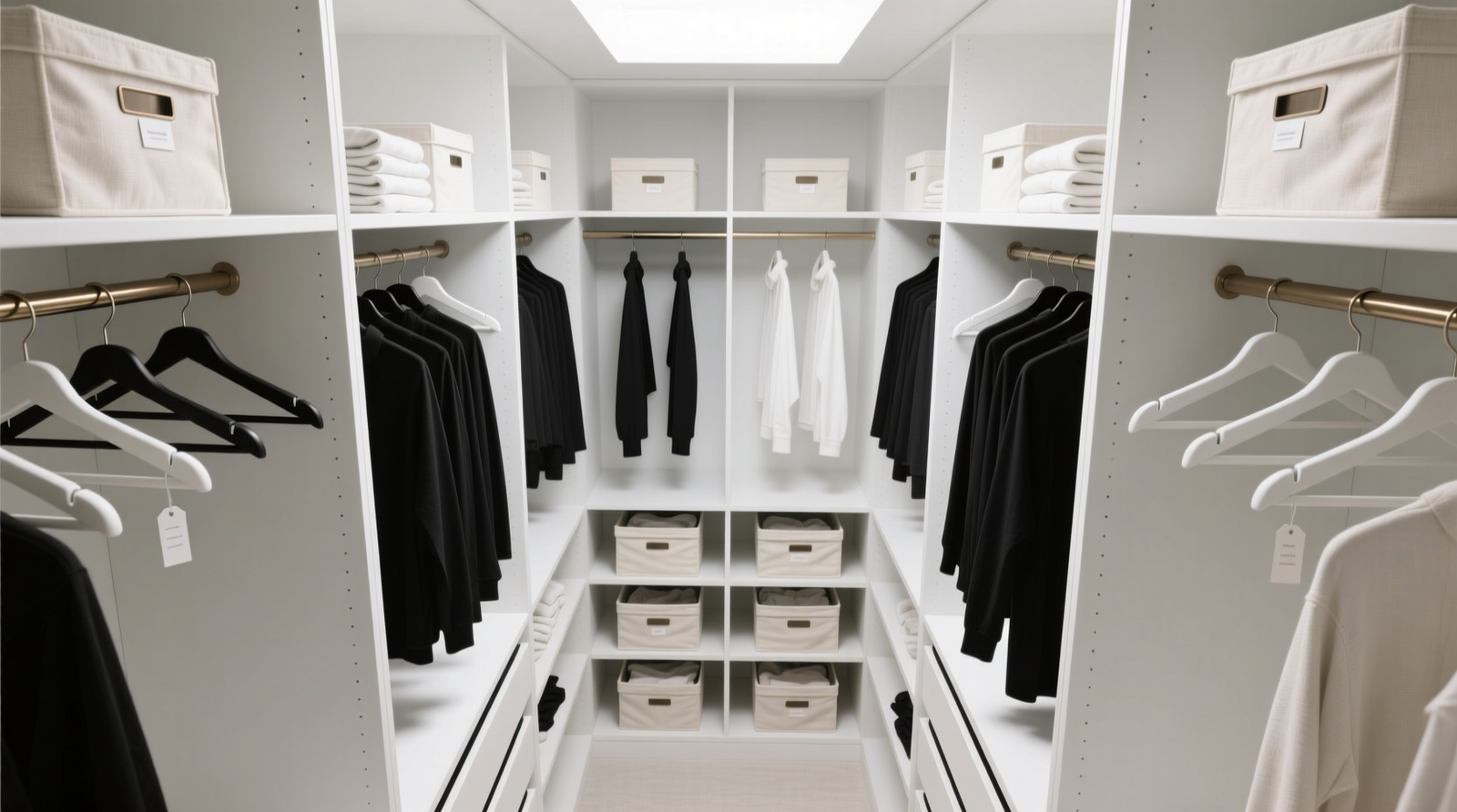 Overhead view of a minimalist closet: floor-to-ceiling white shelving, evenly spaced matte black, brushed nickel, and matte white hangers holding garments in strict vertical alignment; folded items in identical off-white fabric bins arranged in horizontal rows on open shelves; zero visible labels, tags, or decorative objects