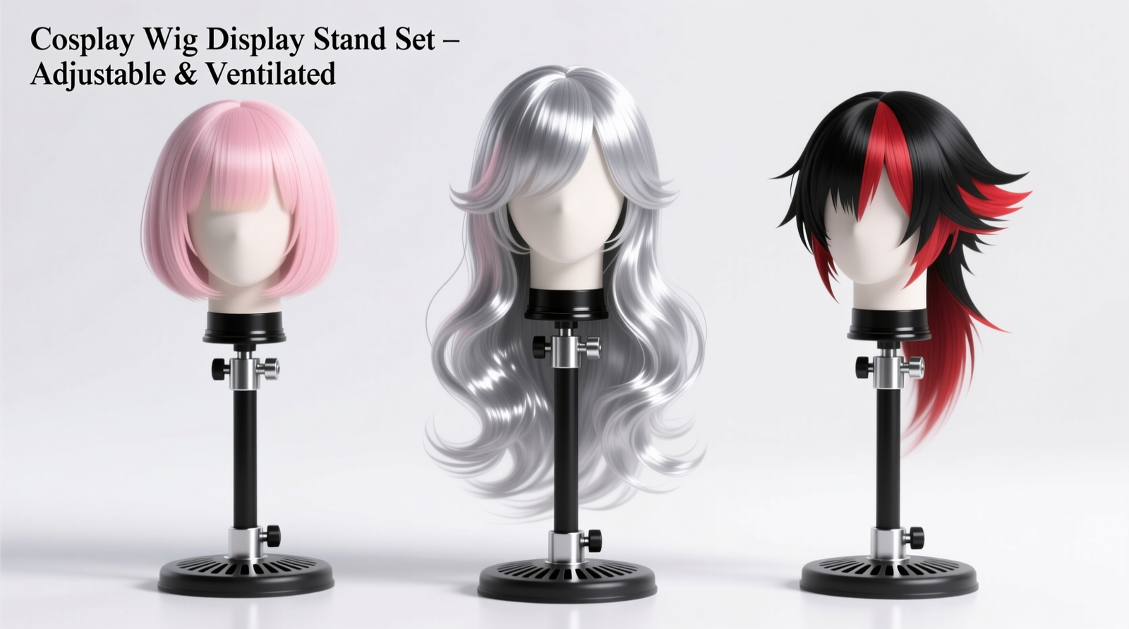 Three adjustable wig stands holding distinct cosplay wigs: a pastel pink bob, a silver longwave style, and a black-and-red asymmetrical cut—each standing upright on ventilated, height-tuned bases with visible collar adjustments