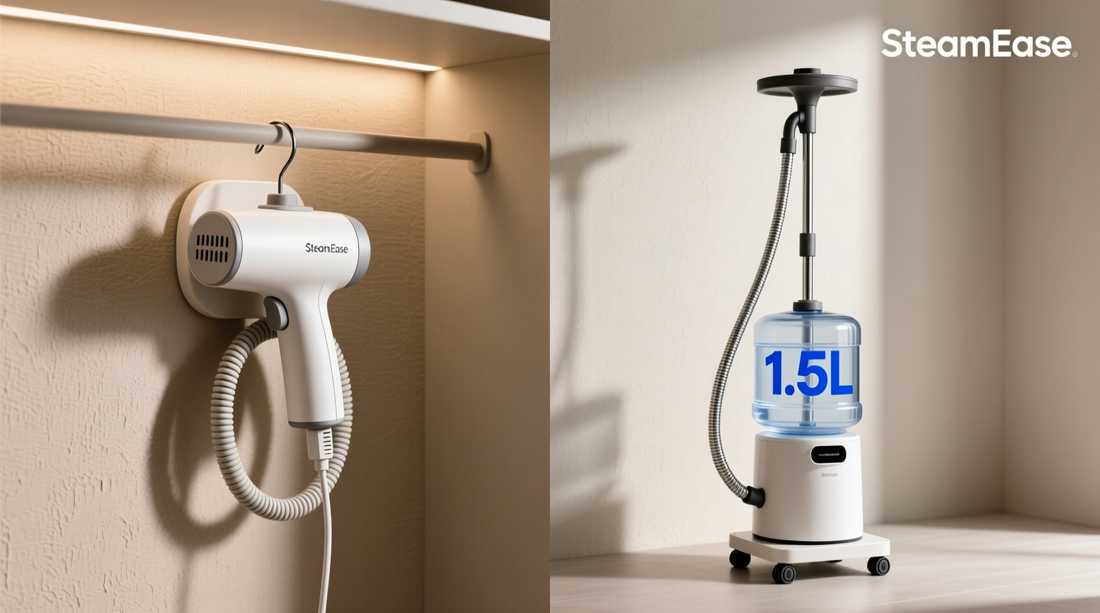 Side-by-side comparison: a compact, wall-mounted handheld steamer with coiled cord and fabric hanger next to an oversized, floor-standing closet steamer unit with visible water tank and rigid hose