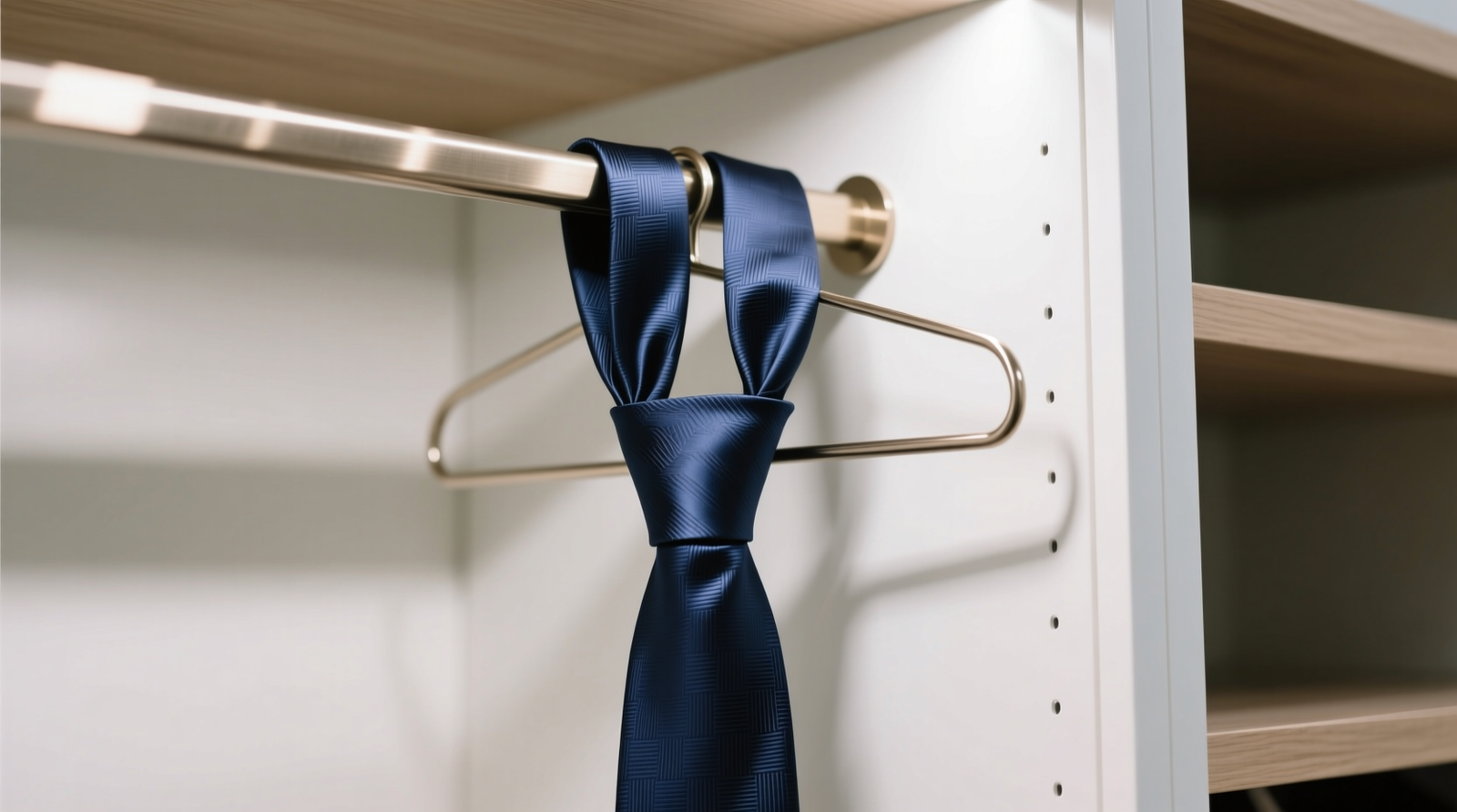 A custom-built double-tier pull-out drawer installed inside a standard reach-in closet, showing neatly arranged silk ties angled at 15 degrees on black velvet-lined dividers, with a minimalist brushed-nickel handle