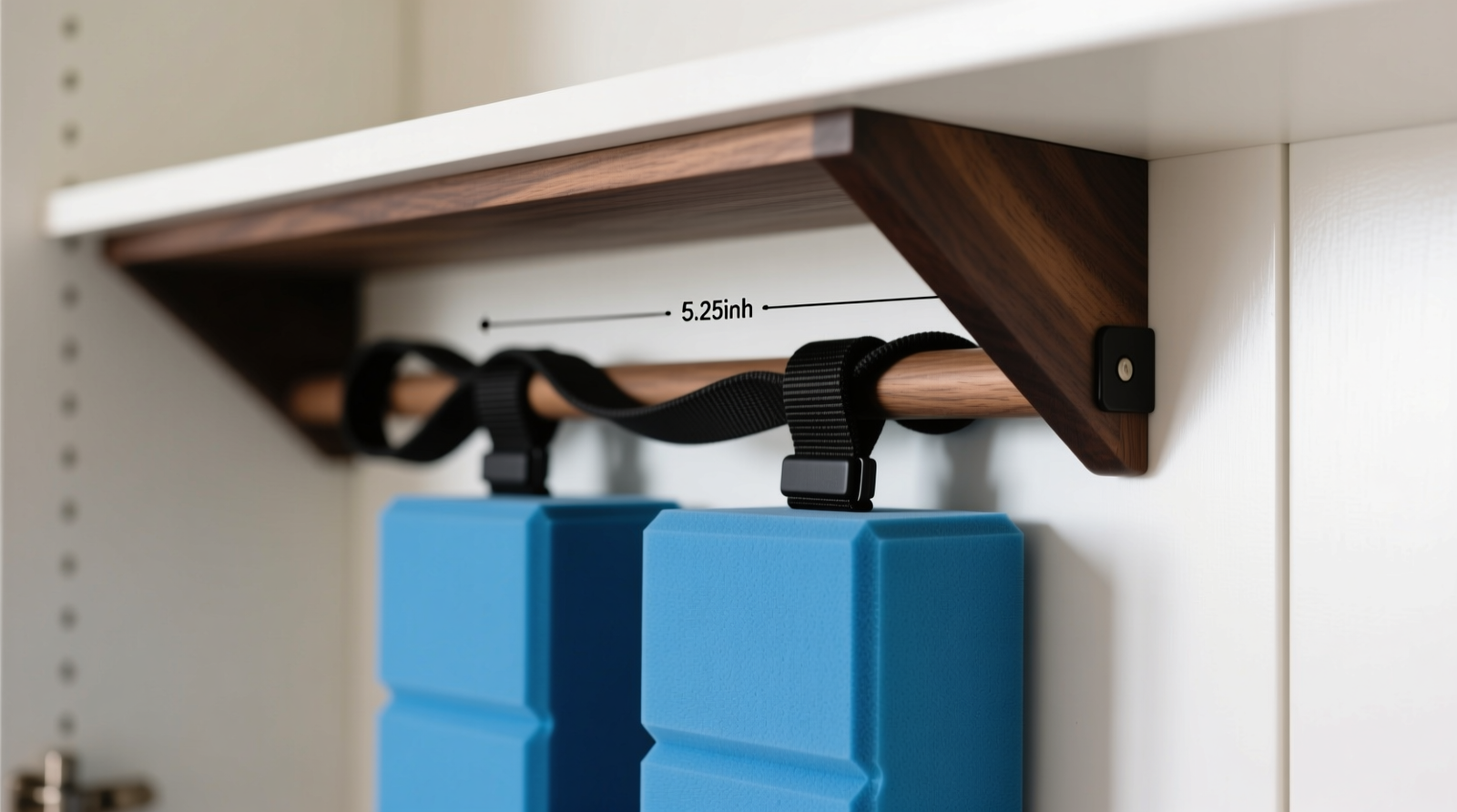 Close-up photo showing two blue EVA foam yoga blocks seated upright in a dark walnut 30-degree angled bracket mounted flush to a white closet side panel; black cotton yoga straps looped over the top edges and secured with matte-black Velcro tabs underneath the bracket’s lip. Gap measures 5.25 inches.