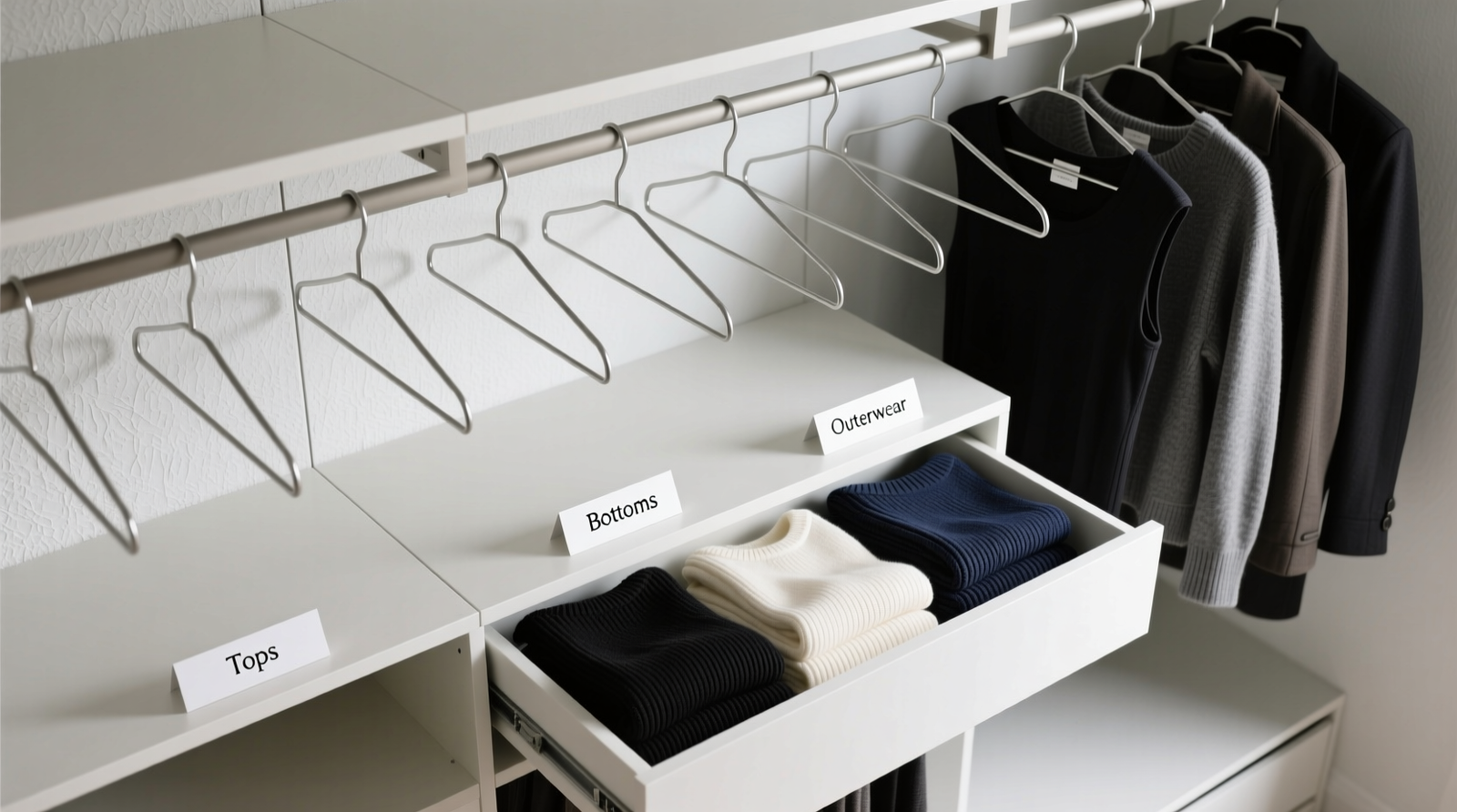 Overhead view of a minimalist closet: uniform hangers, grouped by category (tops, bottoms, outerwear), with small printed labels visible on shelf dividers and one open drawer showing neatly folded knits in monochrome order