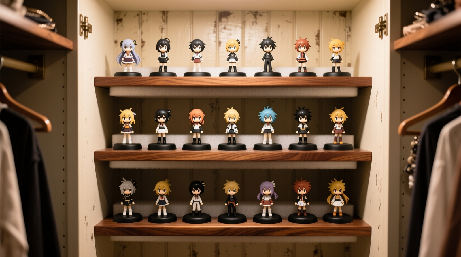 A narrow reach-in closet retrofitted with three evenly spaced, deep wooden shelves holding anime figurines upright on matte black silicone pads, with acid-free foam backing visible and no clothing items above or adjacent to the display zone