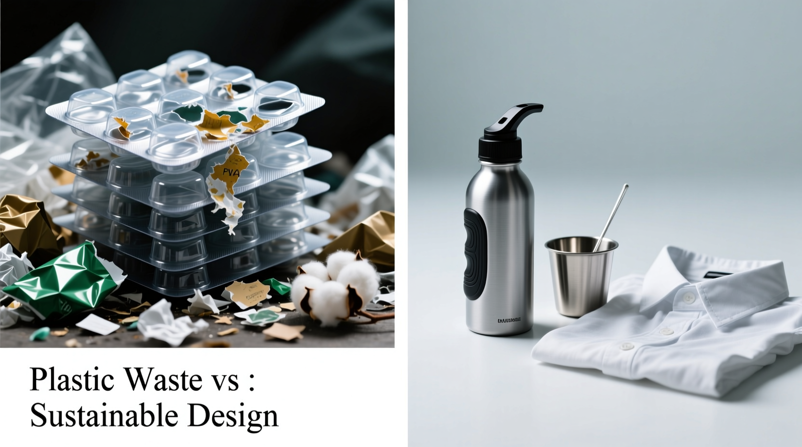 Side-by-side visual: left shows stacked detergent pods in plastic blister packs beside a landfill icon; right shows a reusable amber glass bottle being filled from a compostable liquid refill pouch, with a stainless steel dosing cup nearby