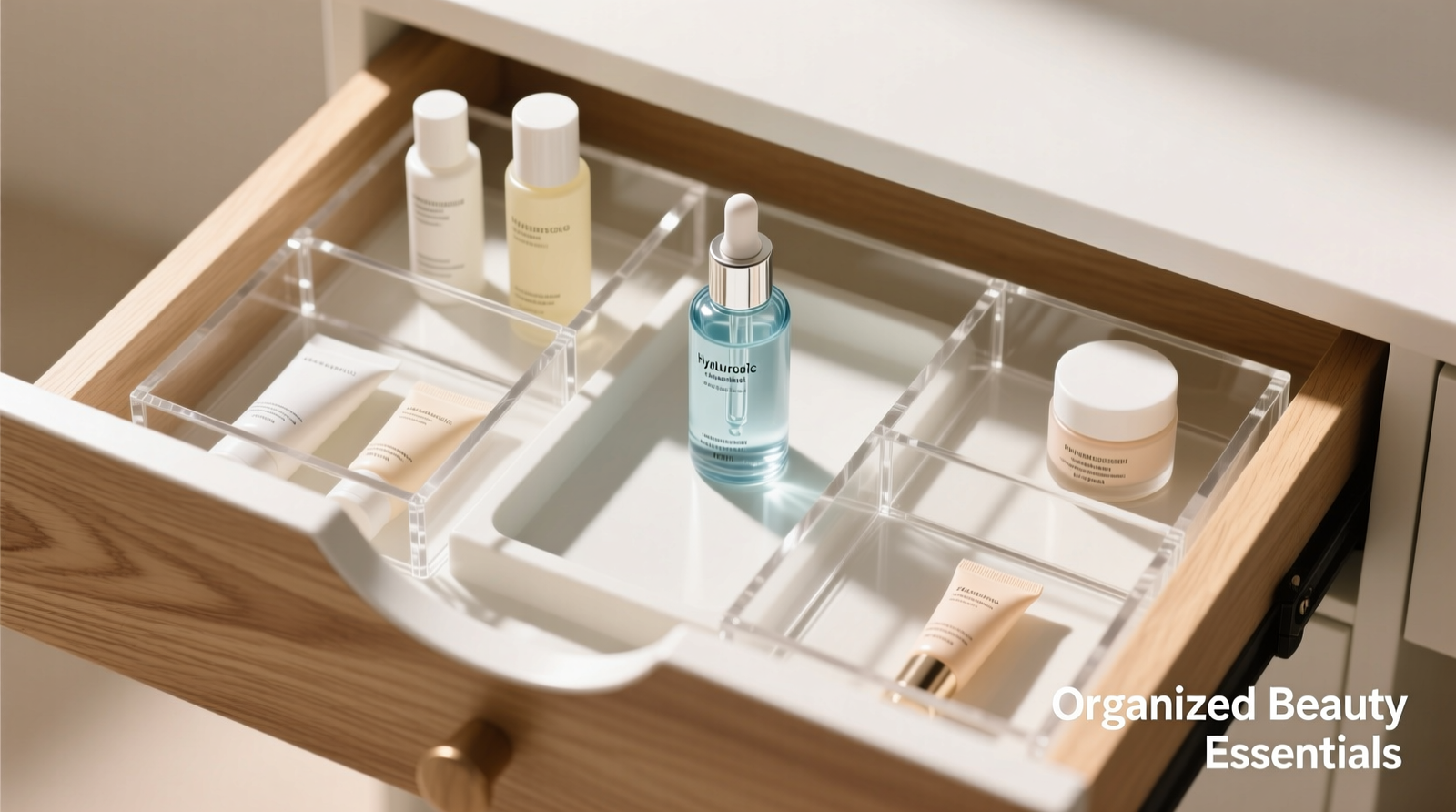 Top-down view of a white oak drawer fitted with clear acrylic dividers holding six skincare bottles of varying heights and diameters—two partitions are visibly shifted to create a wider well for a tall hyaluronic acid serum, while smaller wells hold travel-sized cleansers and eye creams